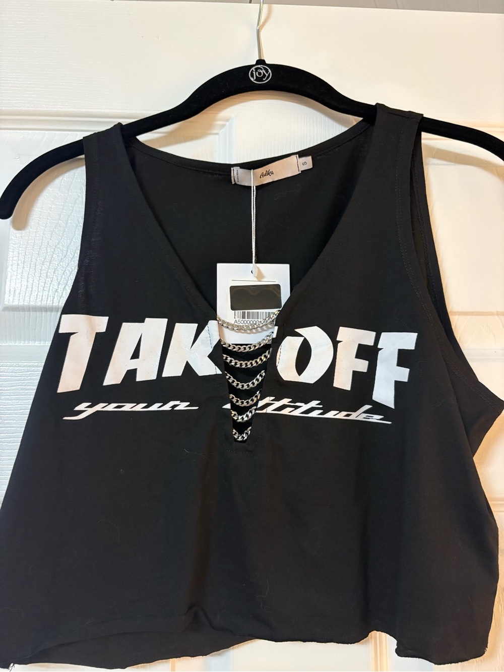 Adika Black Graphic Chain-Detail Crop Tank